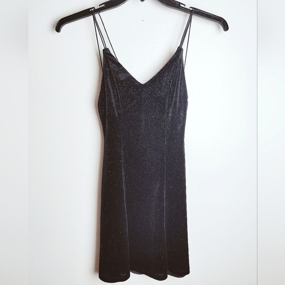 H&M Divided Black Velvet Sparkle Fit Flare Strappy Cocktail Dress, Sz XS